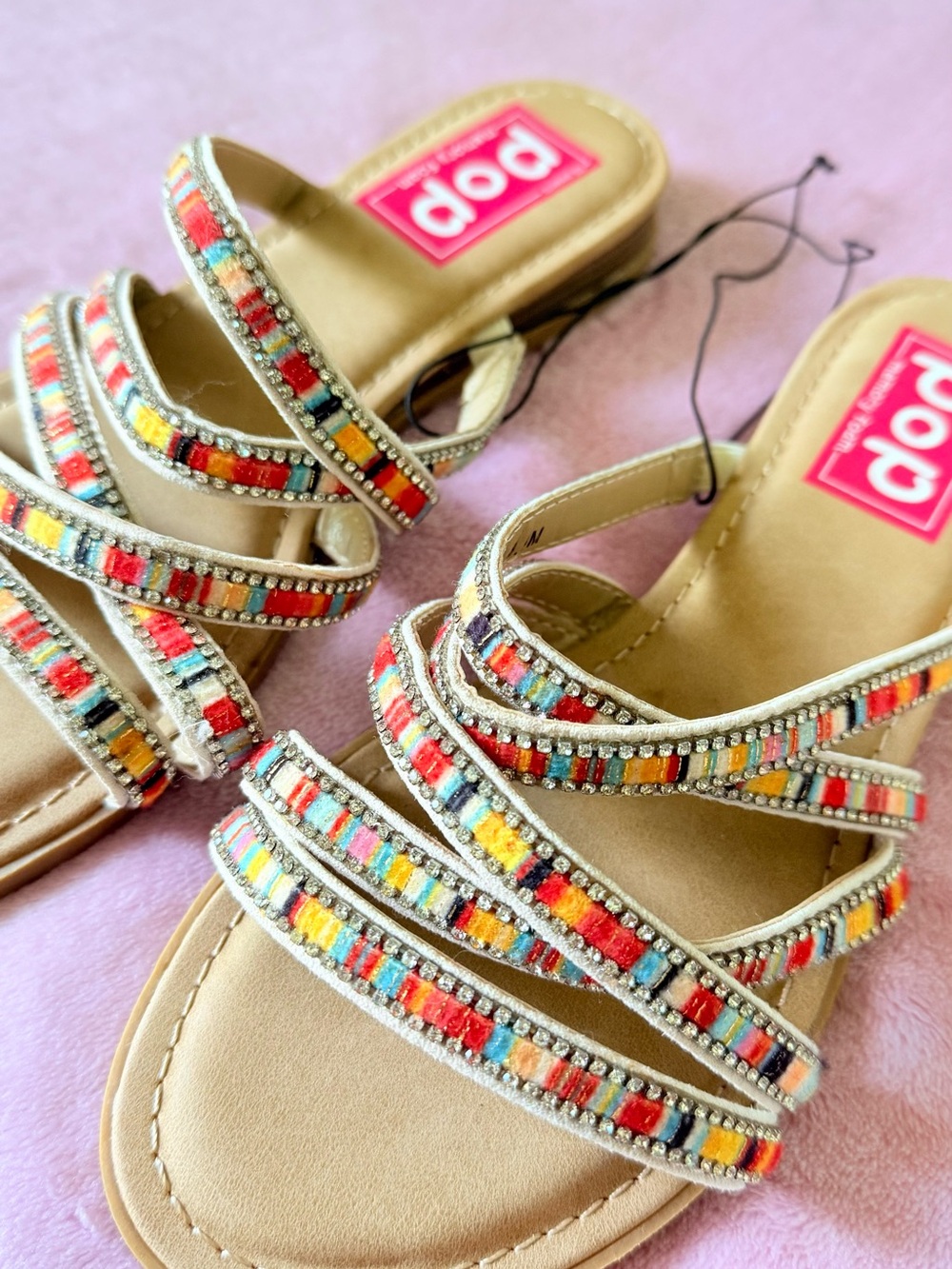 pop Multicolor Beaded Triple-Strap Slide Sandals